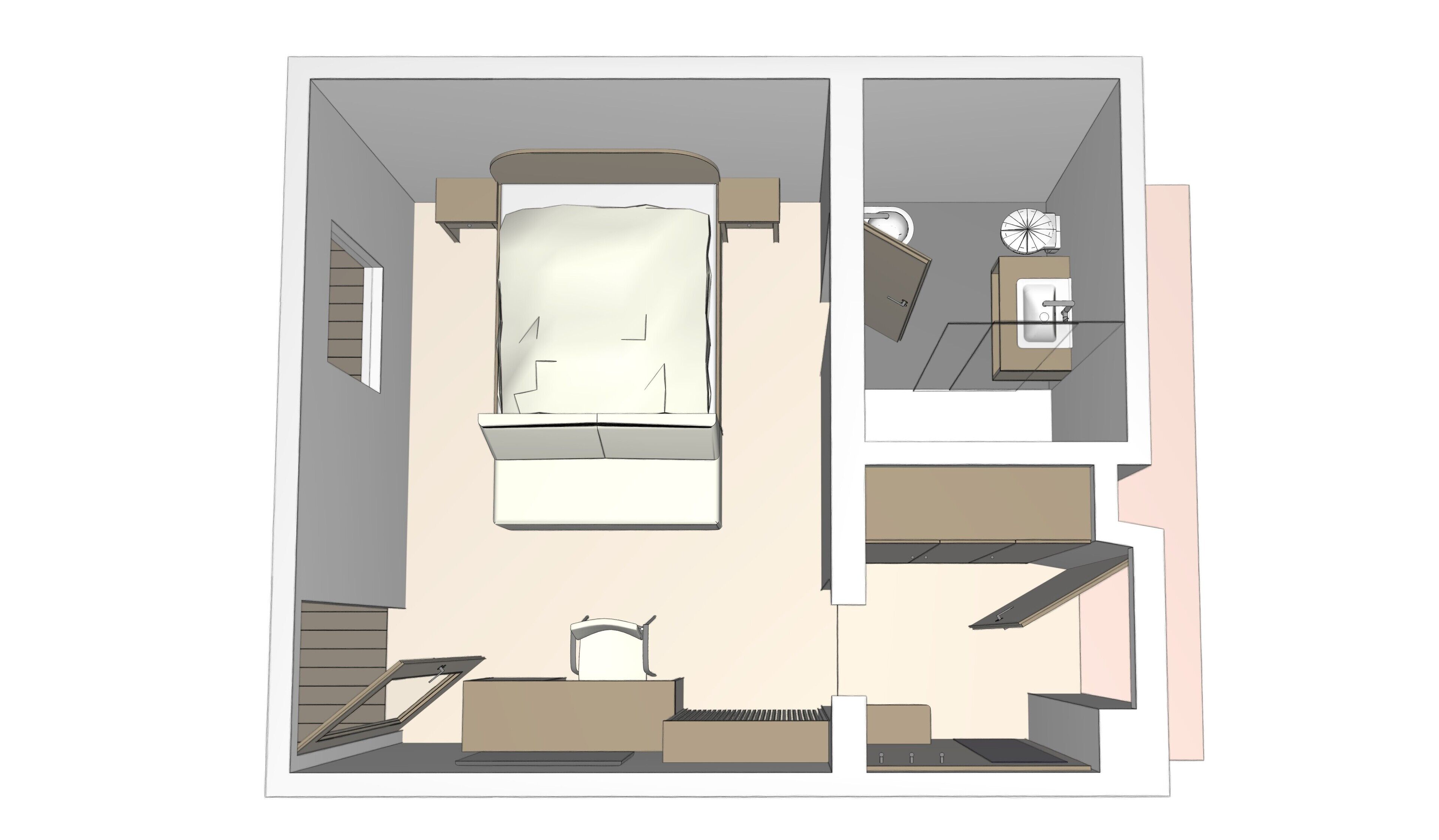 Una camera da letto con un letto, un comodino, una finestra e una porta.