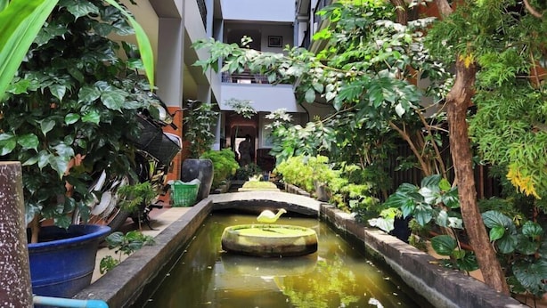 A narrow courtyard with a central water feature, surrounded by lush greenery and potted plants. - Jasmine Lodge (Siem Reap)