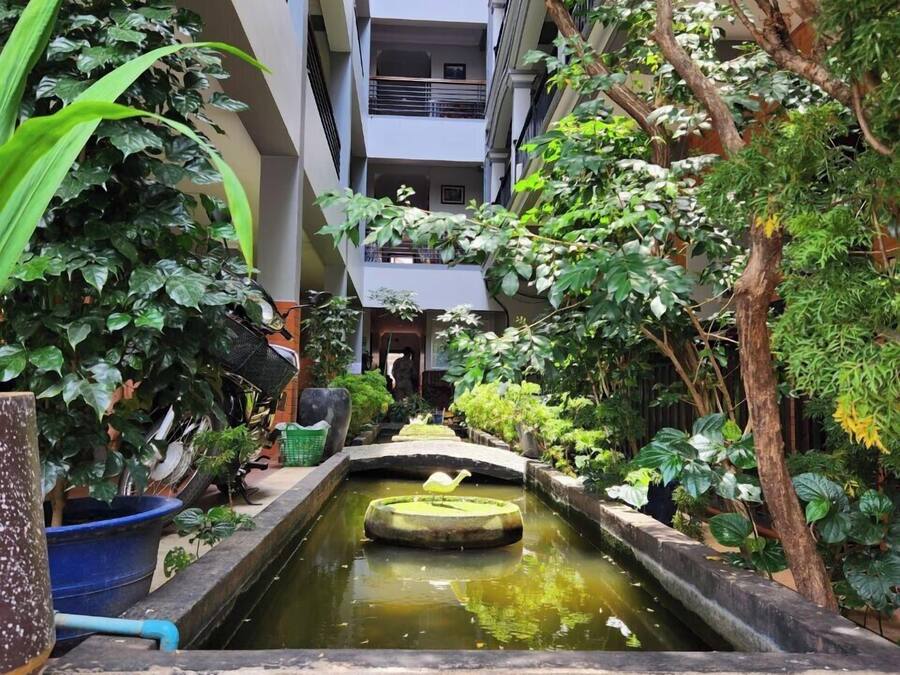 Un patio estrecho con una fuente central, rodeado de abundante vegetación y plantas en macetas.