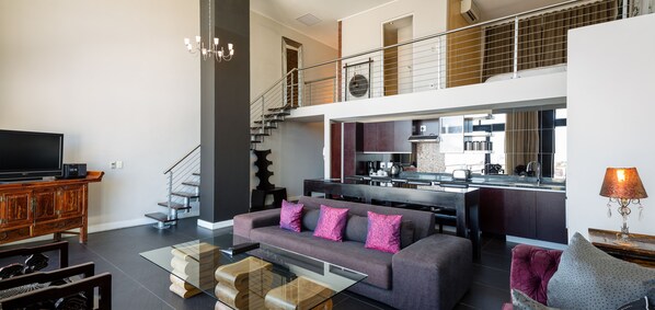 Penthouse, 2 Bedrooms (Rockwell) | Living area | LED TV - De Waterkant Luxury Apartments (Cape Town)