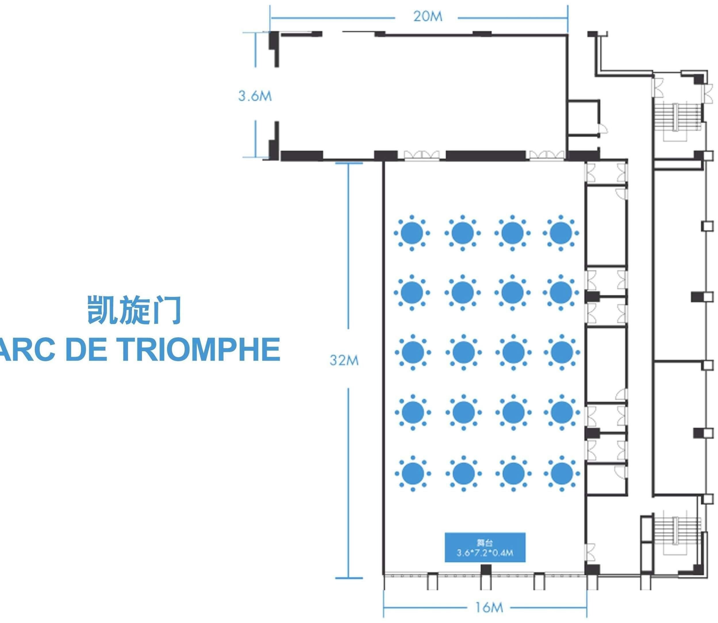 Plan d'étage d'un hôtel comprenant une zone principale de 20 m x 32 m, des zones latérales de 3,6 m x 3,6 m et un balcon de 16 m x 3,6 m.