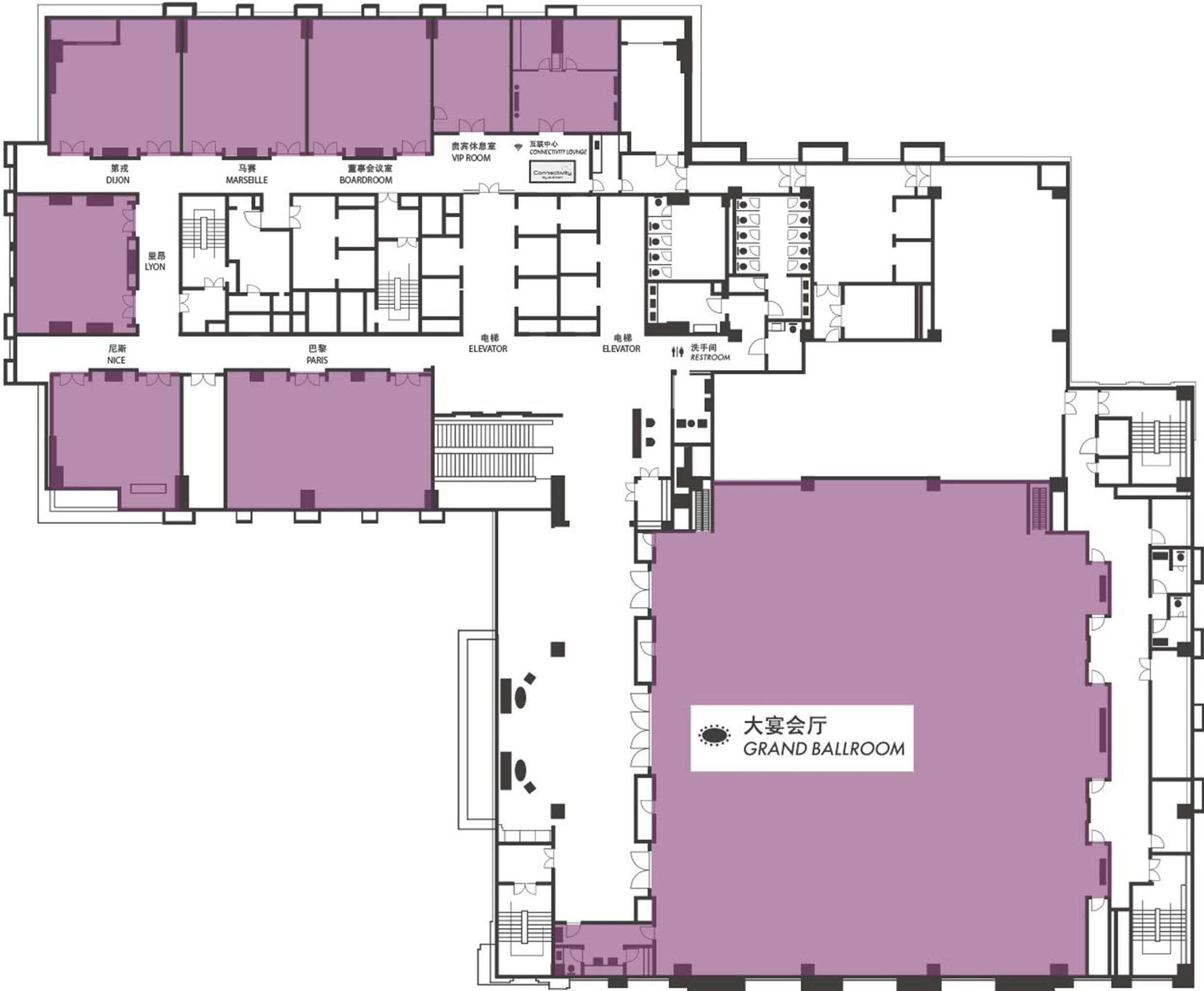 A hotel floor plan with multiple rooms, a grand ballroom, and a connectivity lounge.