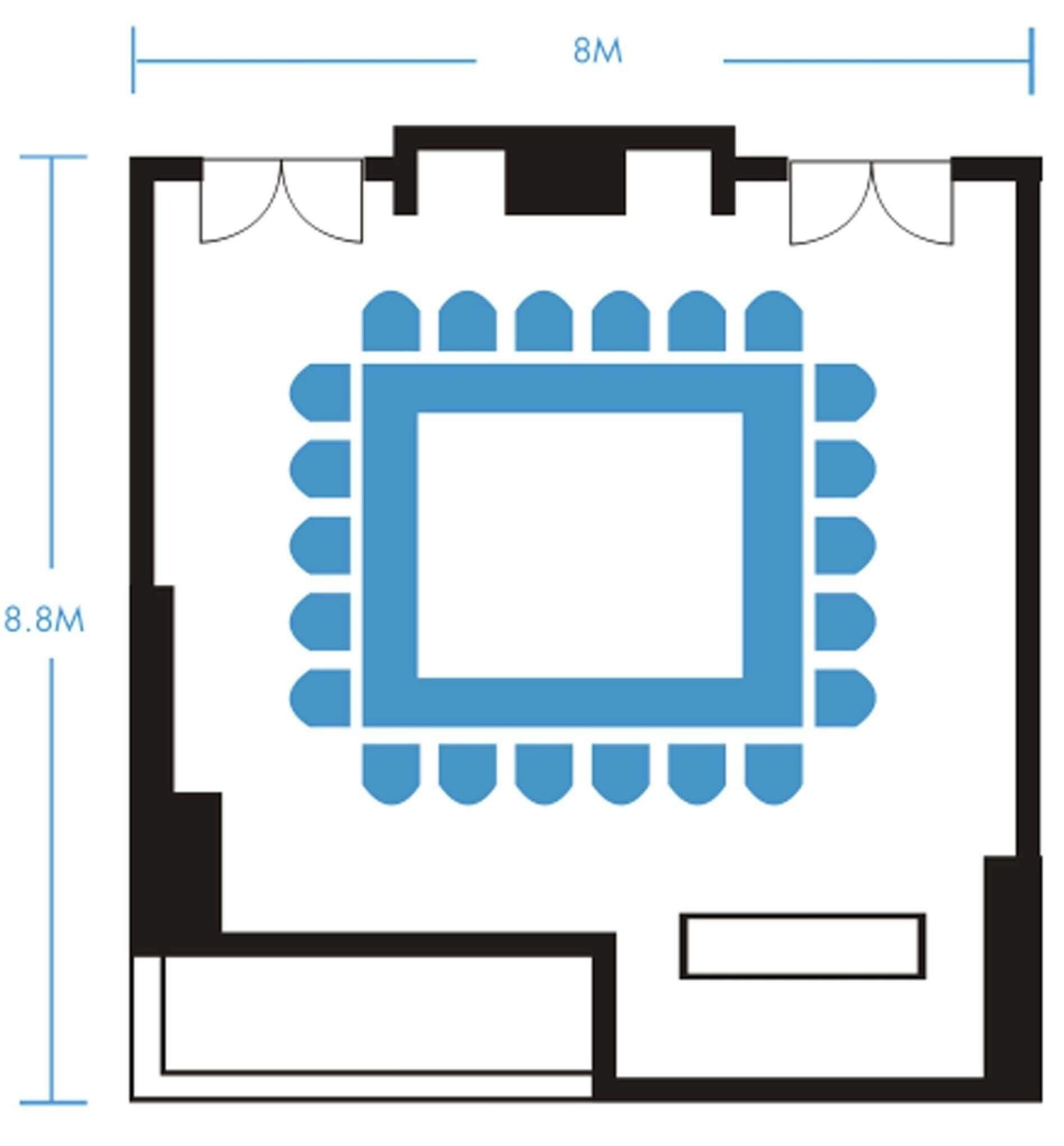 A floor plan with a central rectangular area surrounded by a perimeter of 8.8 meters, flanked by two smaller rooms.