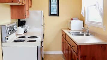 A compact kitchen with wooden cabinets, a white stove, a microwave, and a sink.