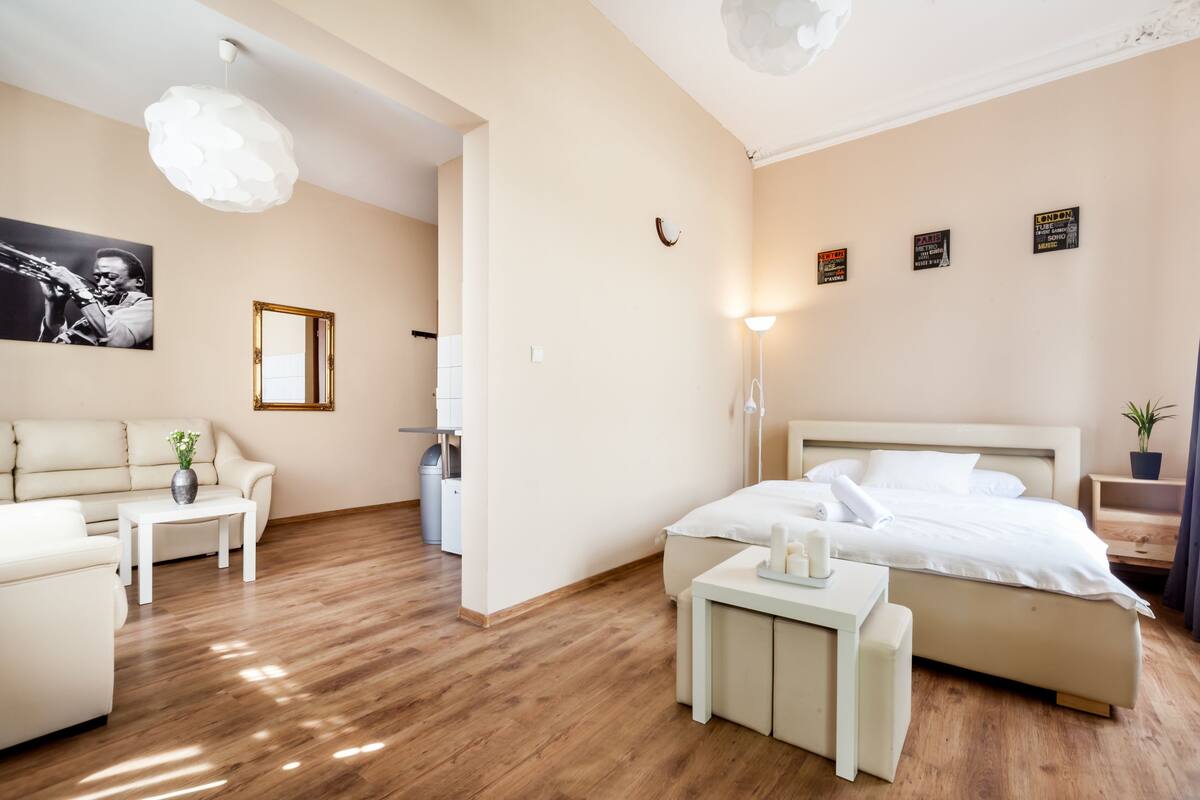 A hotel room with a bed, a sofa, a small table, a trash bin, and a potted plant.