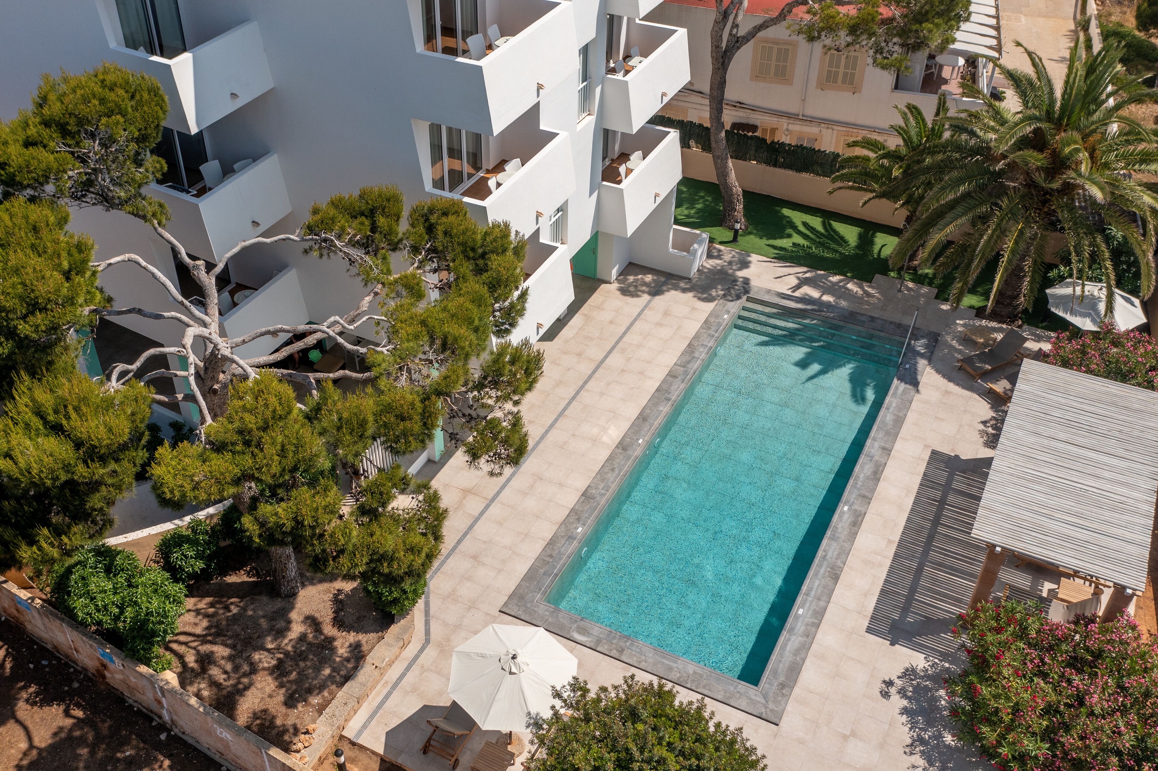 Un bâtiment moderne doté d’une piscine rectangulaire entourée d’arbres et d’un espace patio.