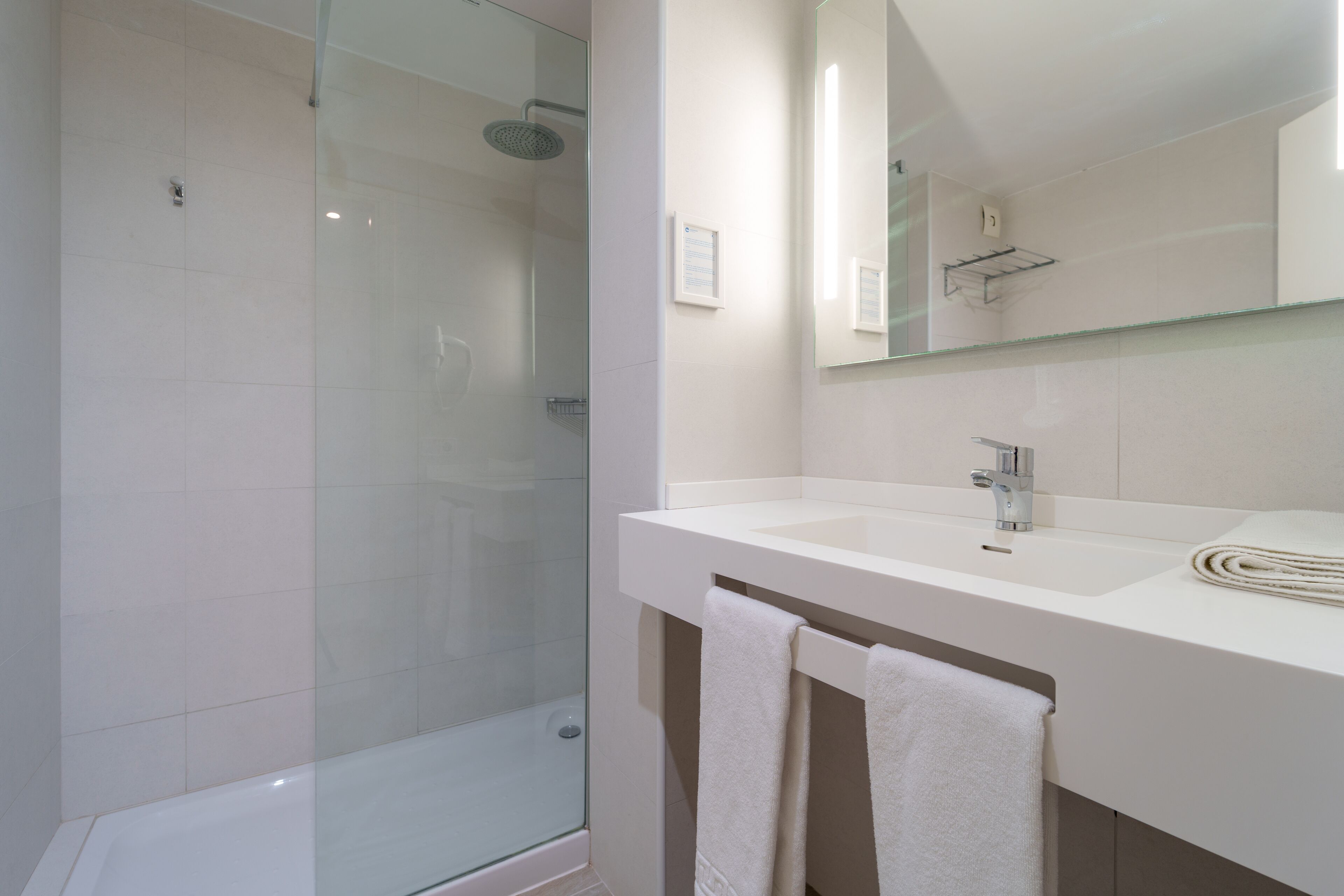 A modern bathroom with a glass-enclosed shower, a white sink, and a large mirror.