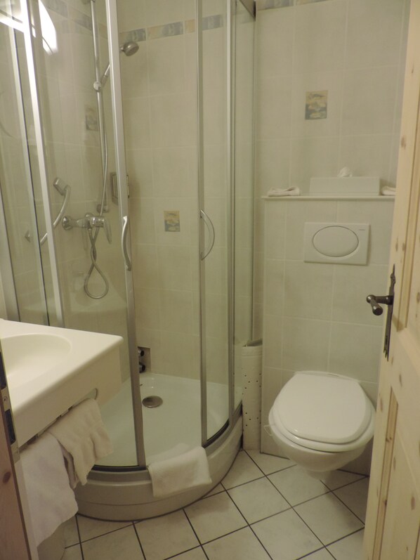 Un baño con ducha de vidrio, inodoro y lavabo.