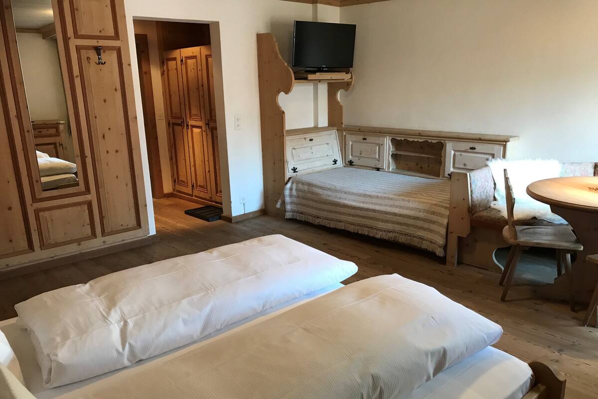 Una habitación con dos camas, un armario de madera, un televisor sobre un mueble de madera y una mesita con una silla.