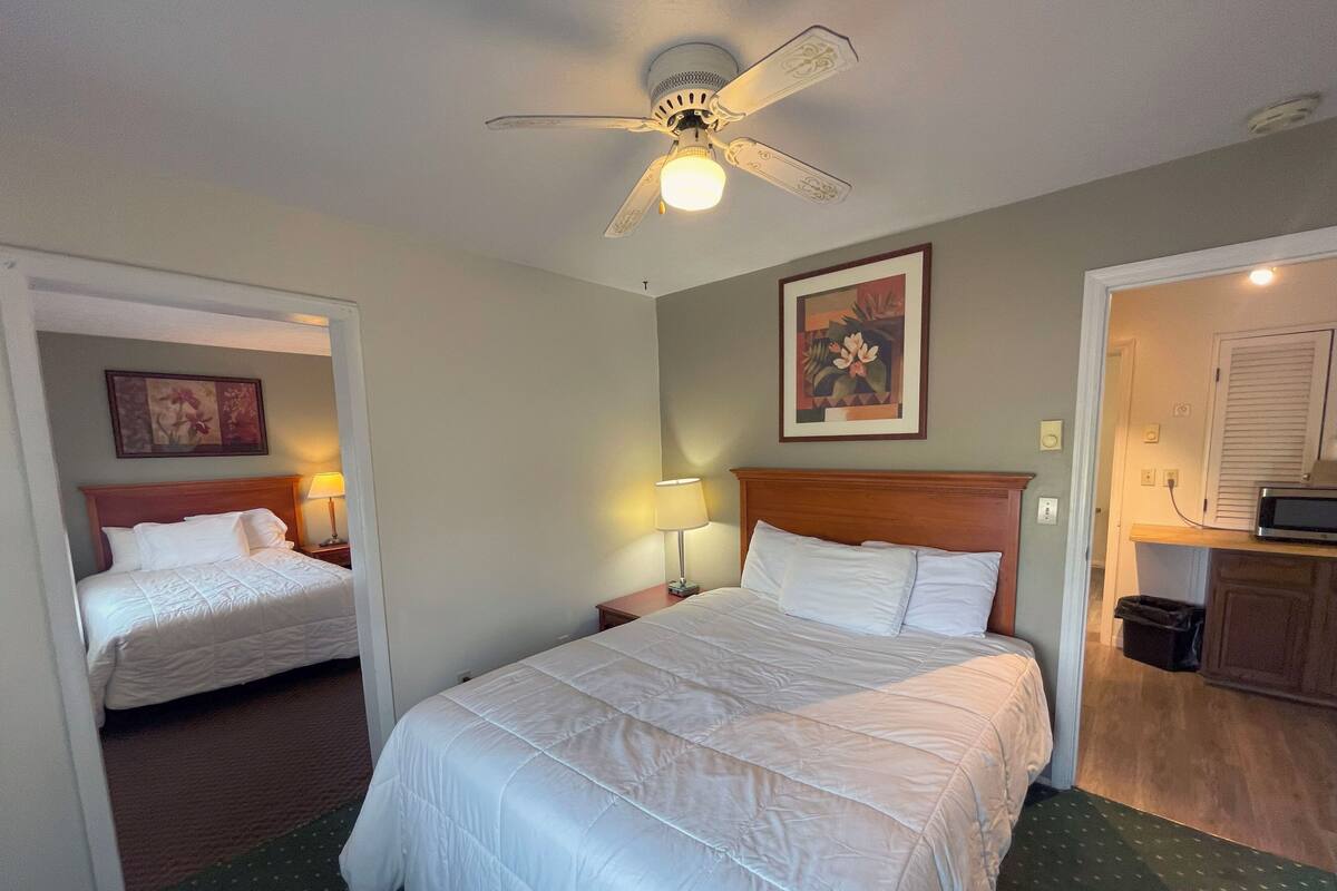 Quarto de hotel com duas camas, um ventilador de teto, um quadro e uma televisão.