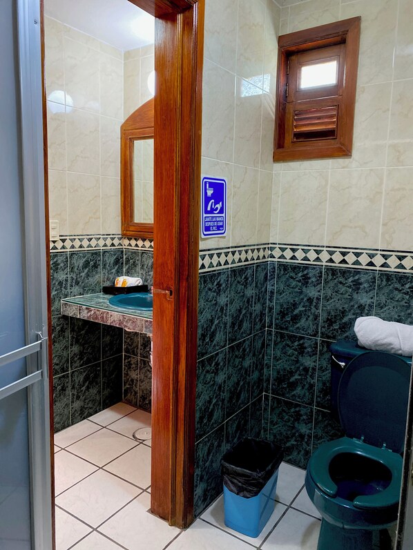 A bathroom with a sink, toilet, and a trash bin.