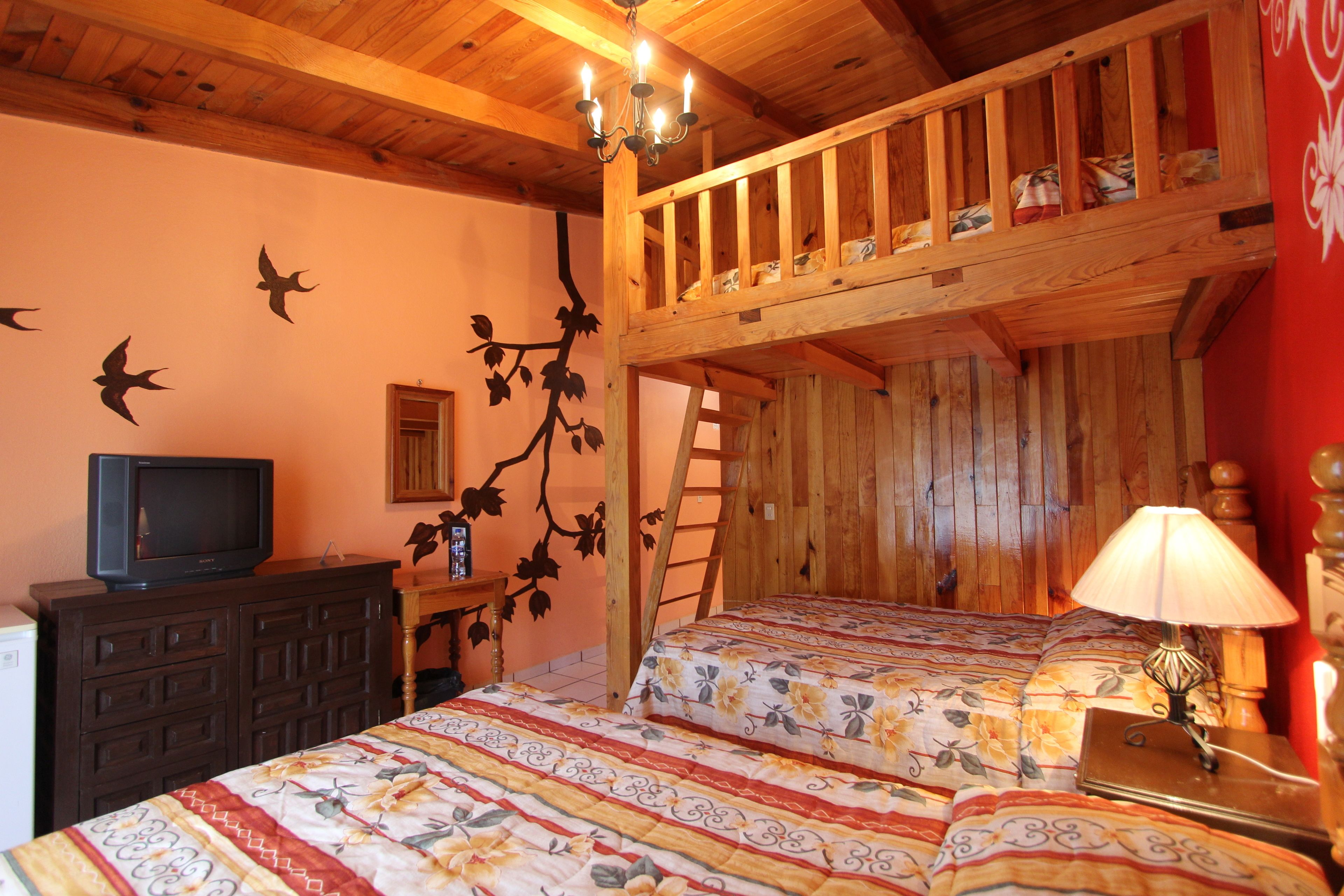 A room with a loft bed, a television on a dresser, a ladder, and a wall decal of birds.