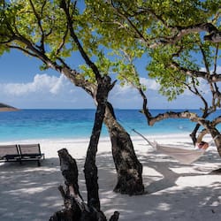 On the beach, white sand, free beach cabanas, sun-loungers