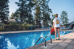Seasonal outdoor pool, lifeguards on site