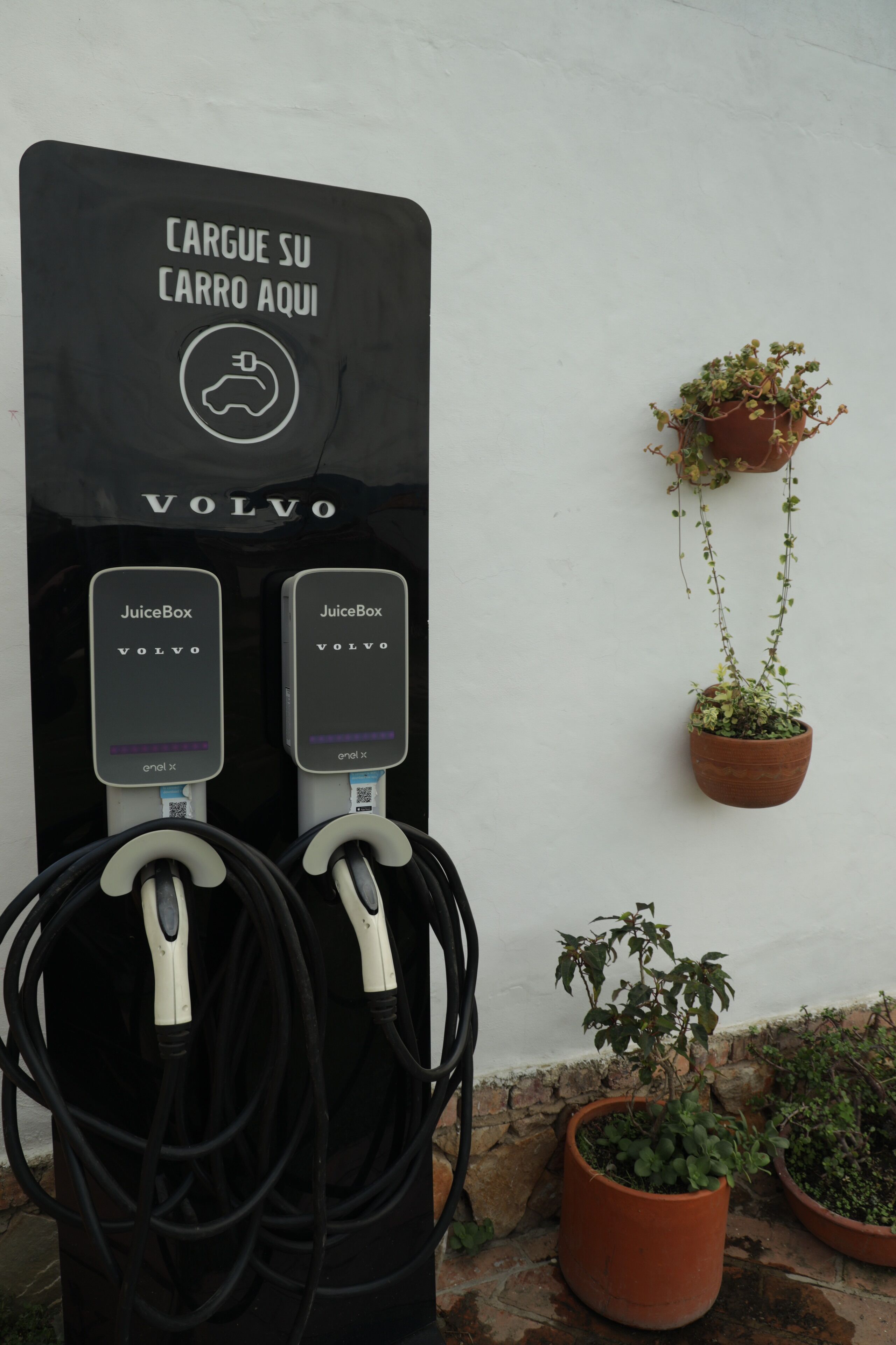 Una estación de carga con dos unidades JuiceBox VOLVO, un cartel que indica cargar el vehículo aquí, y plantas en macetas en la pared.