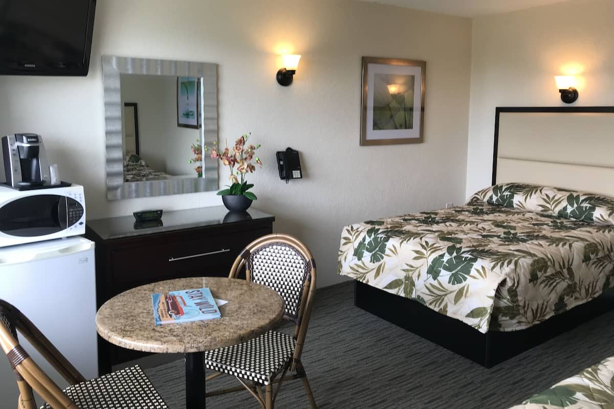 A hotel room with a bed, a desk with a microwave, a chair, a small table with a magazine, a potted plant, and two wall-mounted lights.