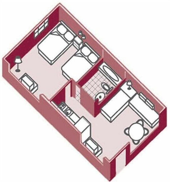 Grundriss eines Hotelzimmers mit Bett, Schreibtisch, Stuhl, Kleiderschrank und Badezimmer.