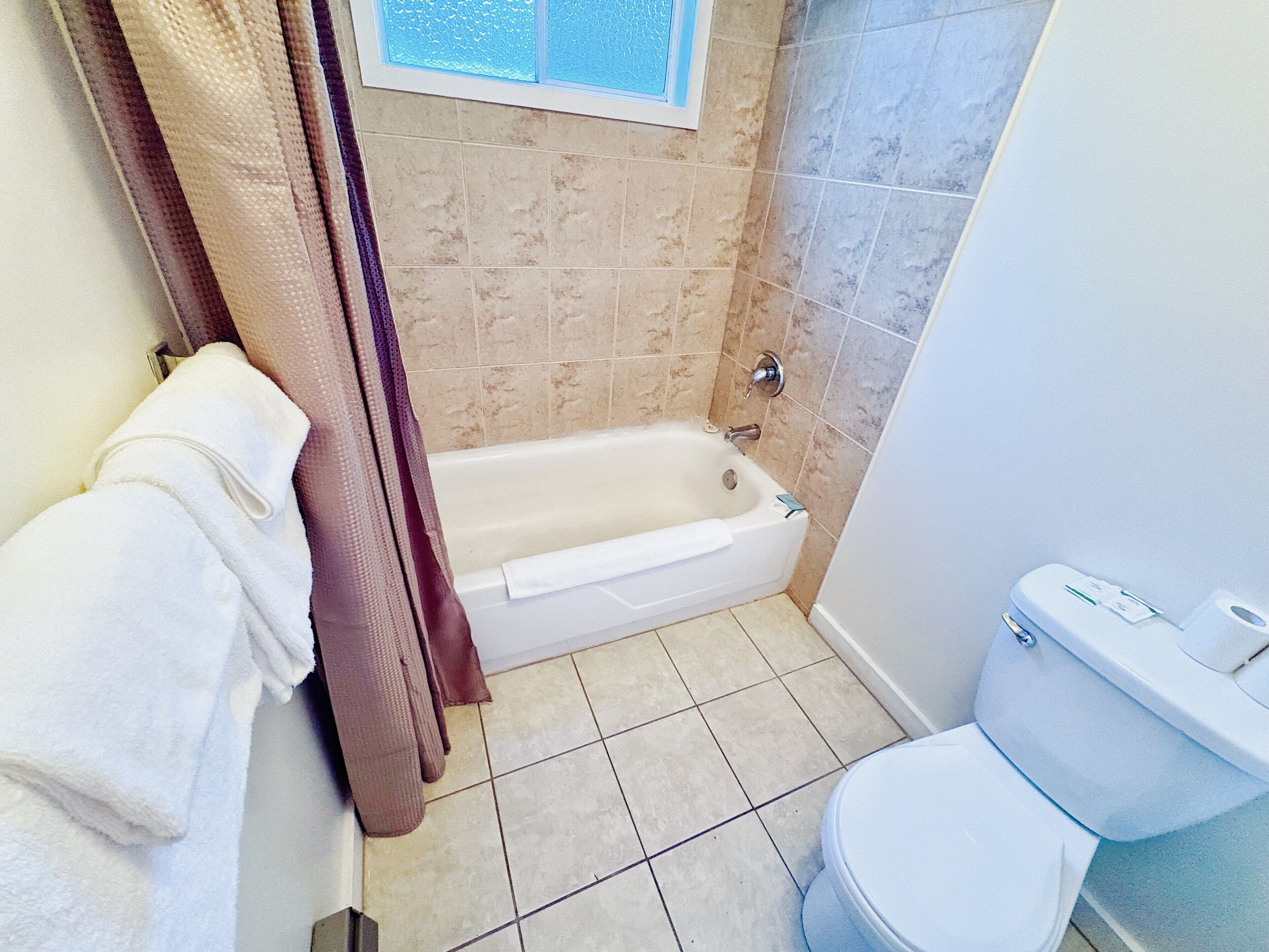 Un baño con bañera, inodoro y ventana.