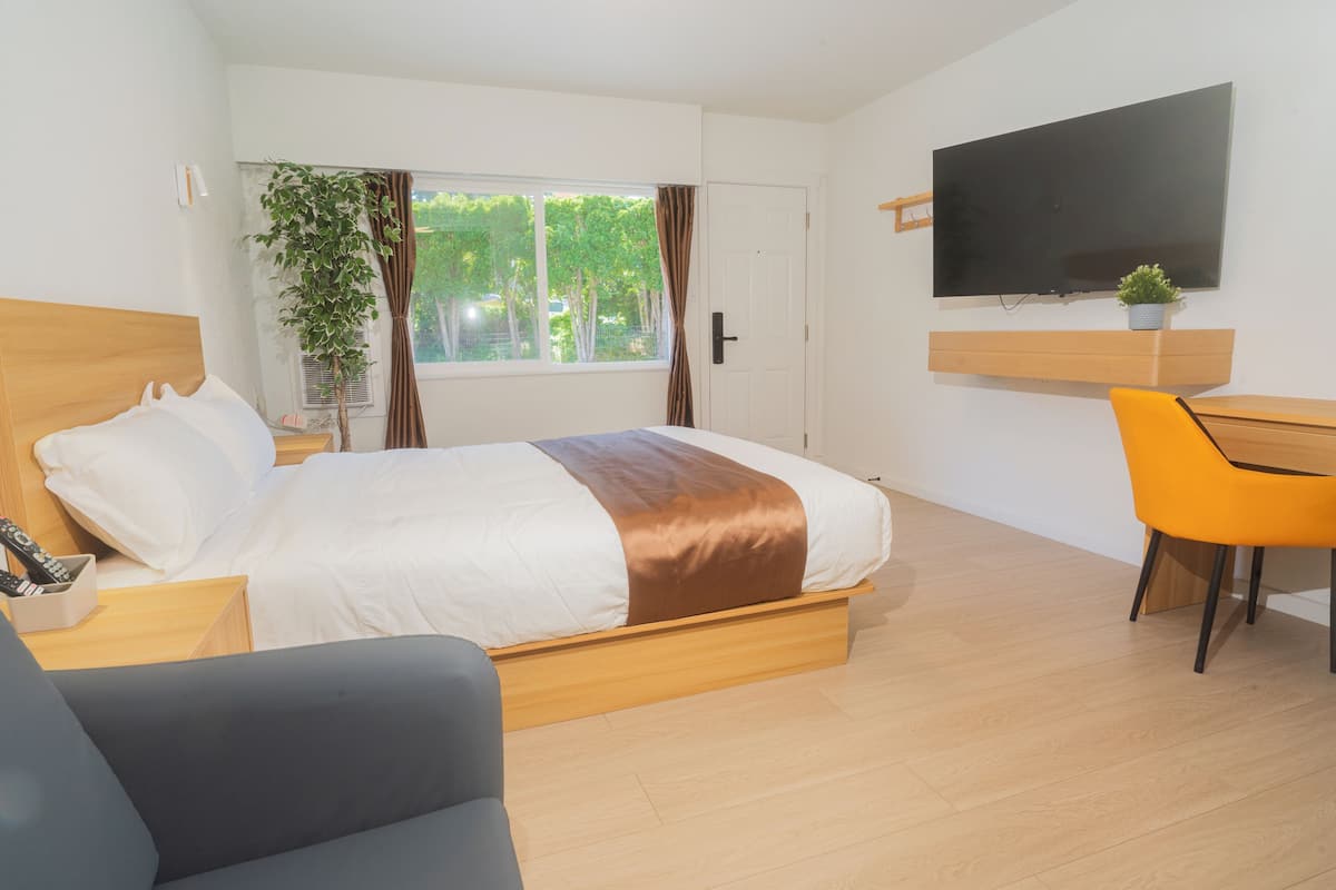 Une chambre d’hôtel moderne équipée d’un lit, d’un bureau, d’une télévision et d’une fenêtre avec des rideaux.