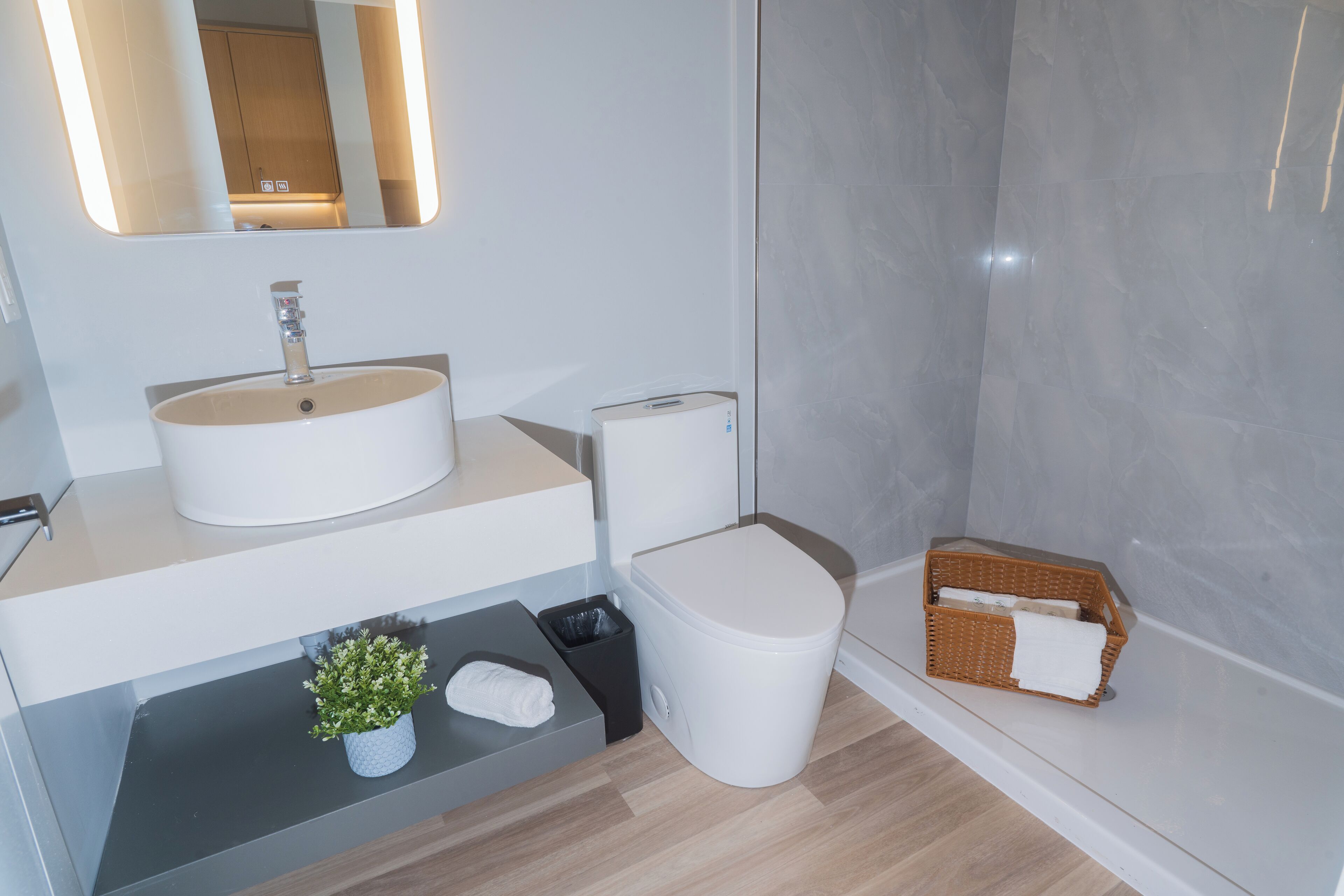A modern bathroom with a sink, toilet, and a small shelf with a plant and a towel.
