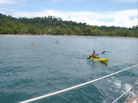 Una masa de agua tranquila con kayaks y una playa distante.