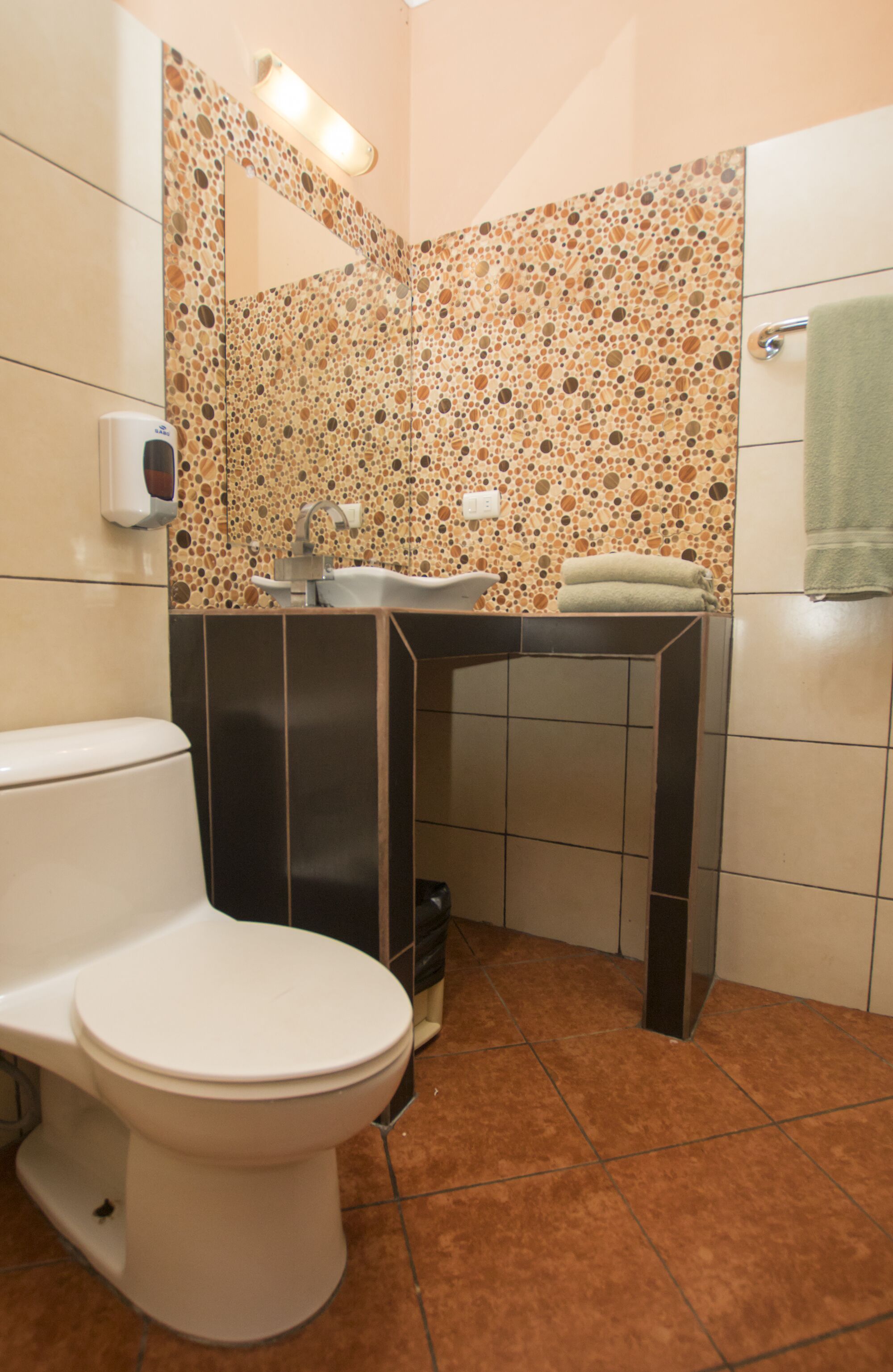 A bathroom with a toilet, sink, and mirror.