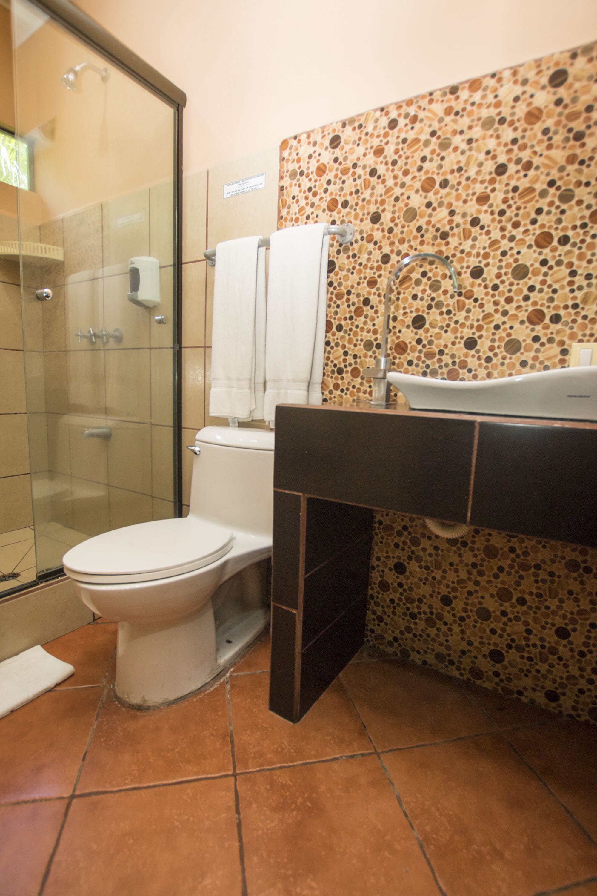 A bathroom with a glass shower enclosure, a white toilet, and a sink with a patterned backsplash.