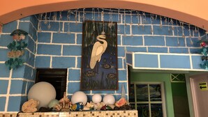 A room with a blue brick wall, a painting of a bird, and various decorative items including seashells and a globe. - Francis Arlene - Adults Only (Isla Mujeres)