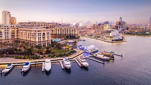 A marina with several yachts docked, surrounded by modern buildings and a well-maintained landscaped area.