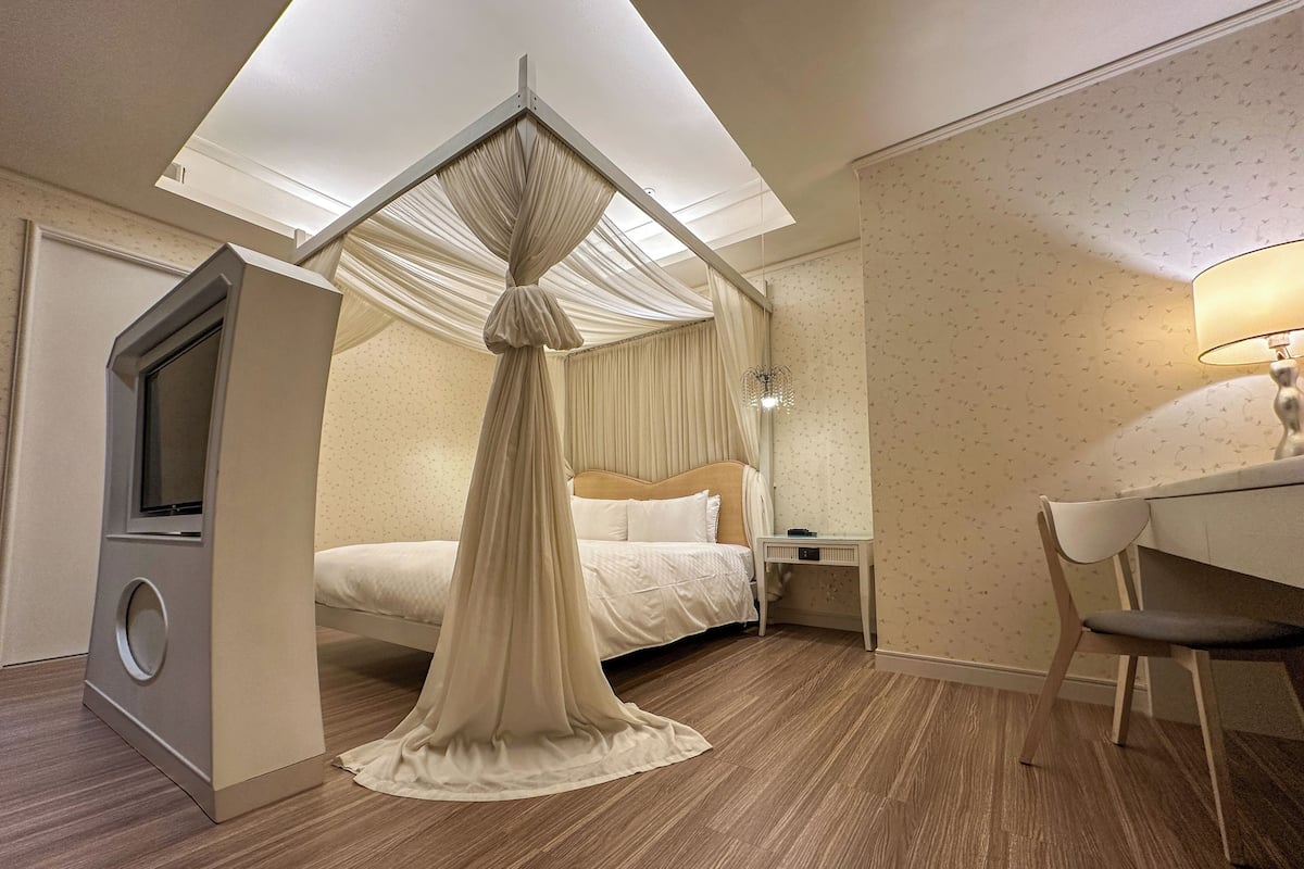 A bedroom with a canopy bed, a desk, a chair, a nightstand, and a television.