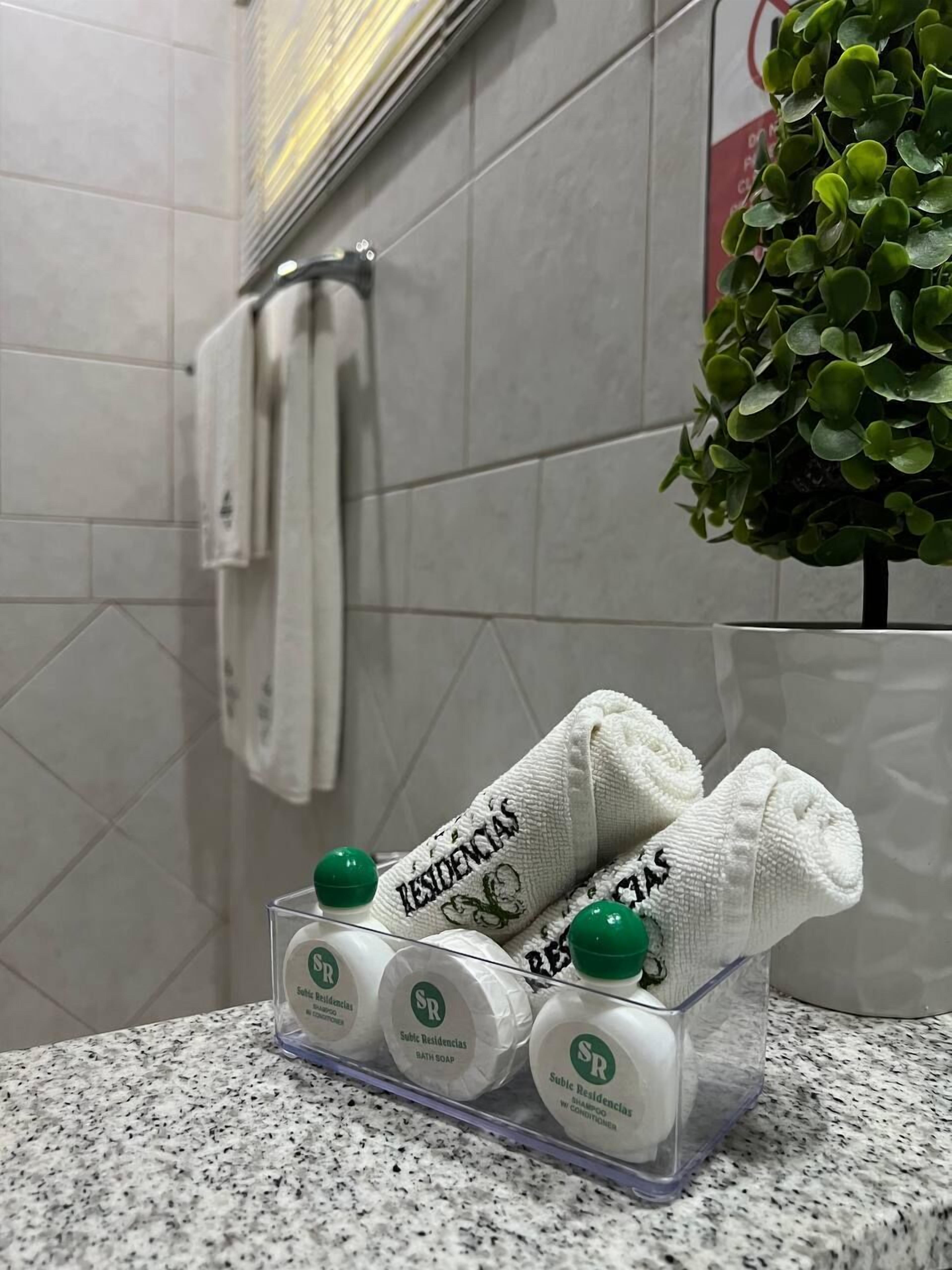 Un baño con un perchero, una planta en maceta y un dispensador de jabón con tres botellas.