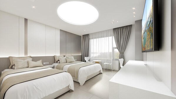 Une chambre d’hôtel moderne avec deux lits, une grande fenêtre avec des rideaux, un téléviseur à écran plat et un luminaire rond au plafond.