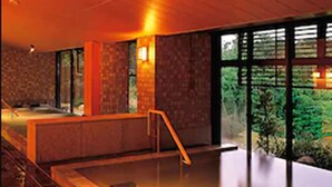 A spa area with a hot tub, stone flooring, and large windows offering a view of greenery. - Hotel Harvest Nasu (Nasu)