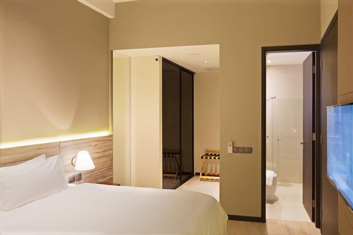 Habitación de hotel con cama, lámpara de noche, televisión y zona de ducha.