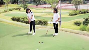 Guests can enjoy a round of golf on the well-manicured course surrounded by lush trees and shrubs.