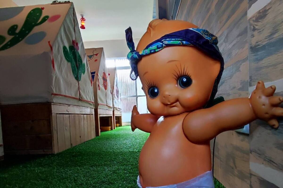 A doll on artificial grass in a room with wooden walls and a cactus-themed decoration.