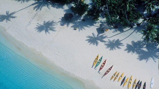 Une plage où une rangée de canoës est alignée sur le sable.