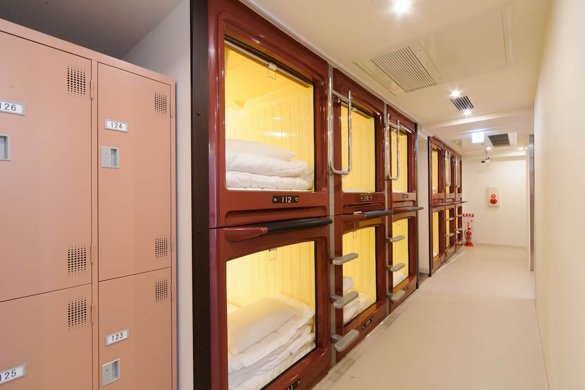 A row of bunk beds with wooden frames and a beige carpeted floor.