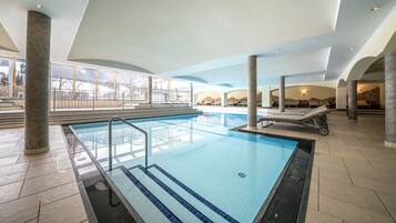Indoor pool, outdoor pool, open 7 AM to 8 PM, pool umbrellas