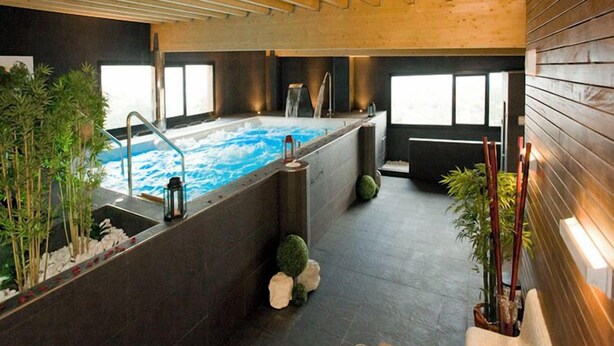 A modern spa area with a large hot tub, wooden ceiling, and potted plants. - Isla Bella (Arnuero)