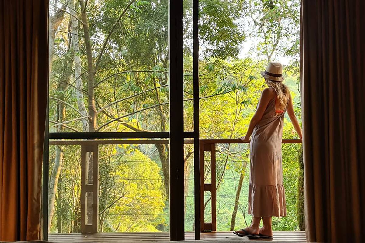 A room with a large window overlooking a forested area.
