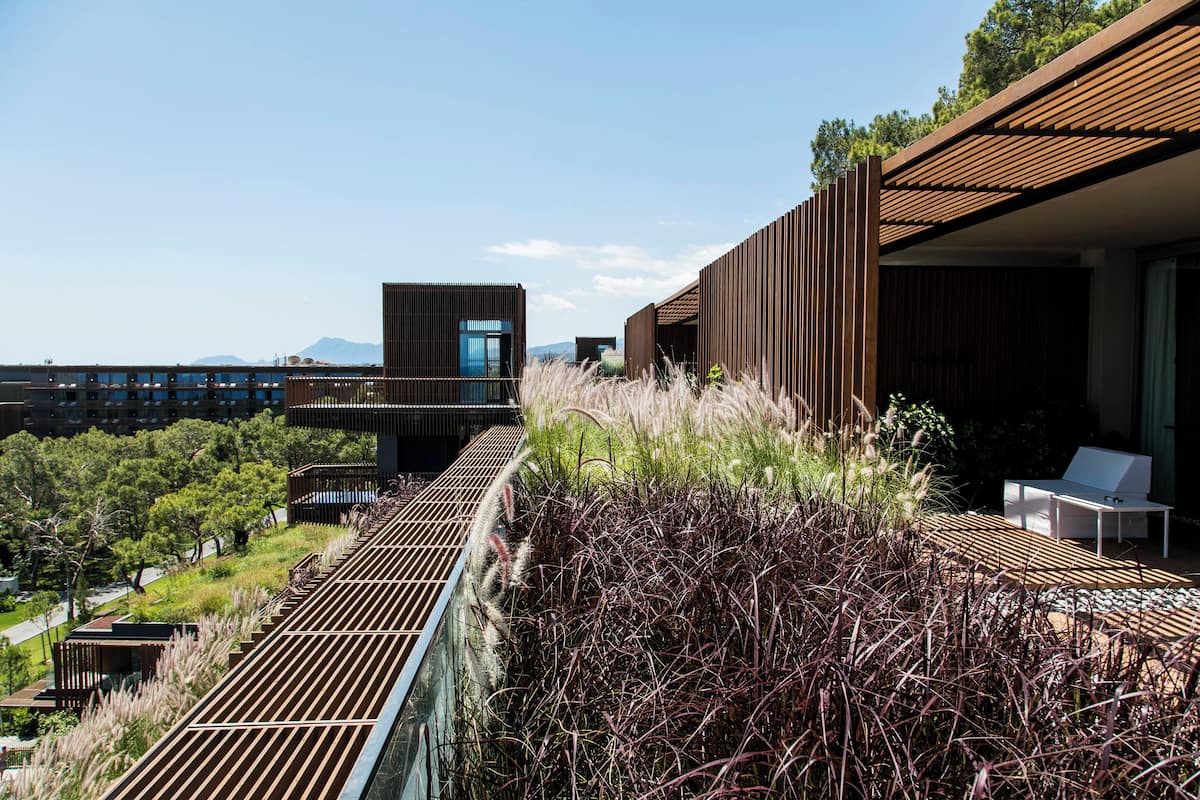 A modern building with a sloped roof and a balcony overlooking a landscaped area with tall grasses.