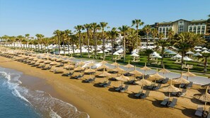 Un resort en la playa con filas de tumbonas y sombrillas, palmeras y un edificio al fondo.