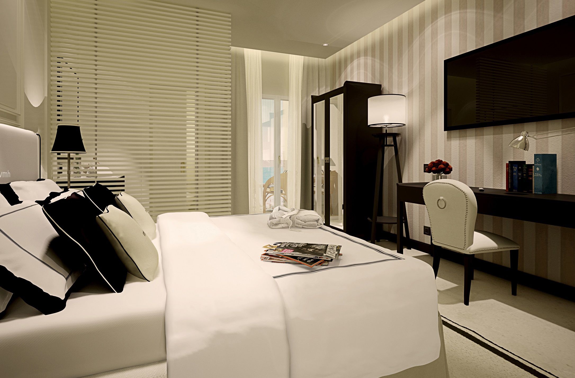Quarto de hotel moderno com uma cama grande, uma escrivaninha e um espelho.