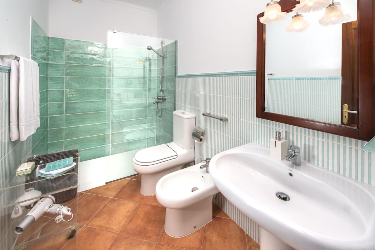 A bathroom with a glass shower enclosure, a toilet, a bidet, a sink, and a mirror.