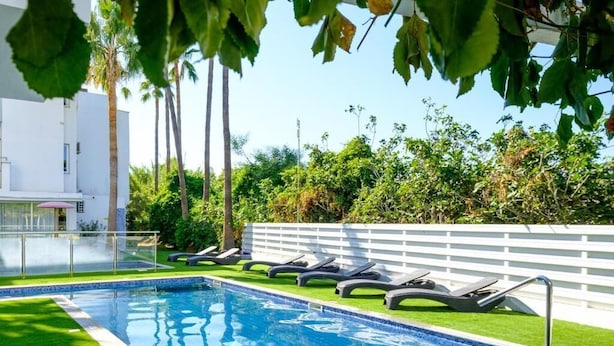 A swimming pool with lounge chairs, a white wall, and greenery in the background. - Rio Gardens Aparthotel (Ayia Napa)
