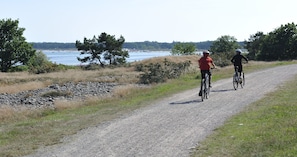 Zwei Radfahrer auf einem Schotterweg, im Hintergrund ein Gewässer und Bäume.