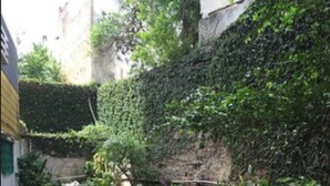Eine Terrassenfläche mit Tisch und Stühlen, umgeben von einem Kiesweg und einem kleinen Garten mit Pflanzen und einem Blumentopf.