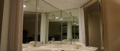 A bathroom with two sinks, a mirror, and a shower area.