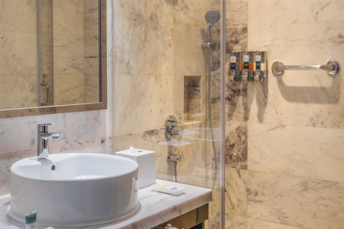 shower, eco-friendly toiletries, hair dryer, bathrobes